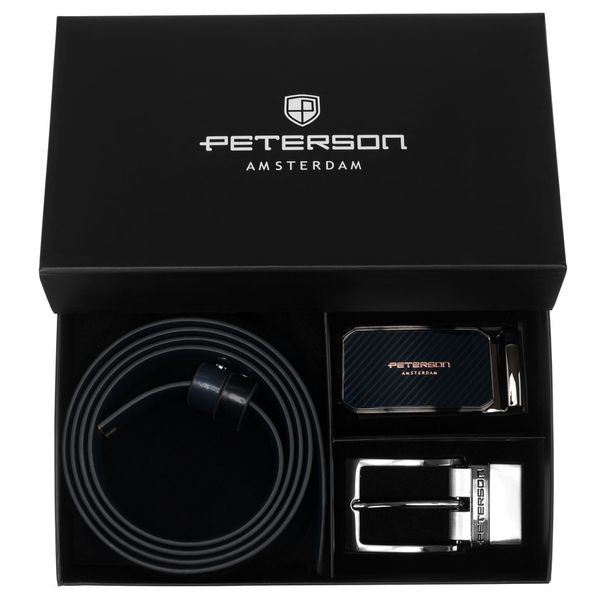 Zestaw prezentowy: dwustronny pasek skórzany w granatowym i czarnym kolorze Peterson PTN KL-B016S001 N. Czarne paski Peterson, bez wzorów, ze skóry, eleganckie. Za 119.99 zł.
