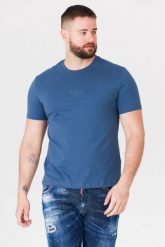 GUESS Niebieski t-shirt męski z aplikacją z logo. Niebieskie t-shirty Guess, m, z aplikacjami, bez kołnierzyka, bez ramiączek. W wyprzedaży za 99.99 zł.