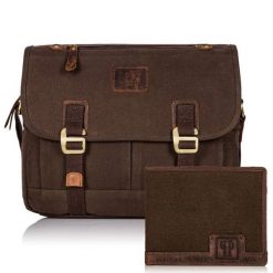 Zestaw męski brązowy torba i portfel PAOLO PERUZZI ZUP-17-BR. Brązowe portfele Paolo Peruzzi, bez wzorów, z bawełny. Za 209.99 zł.