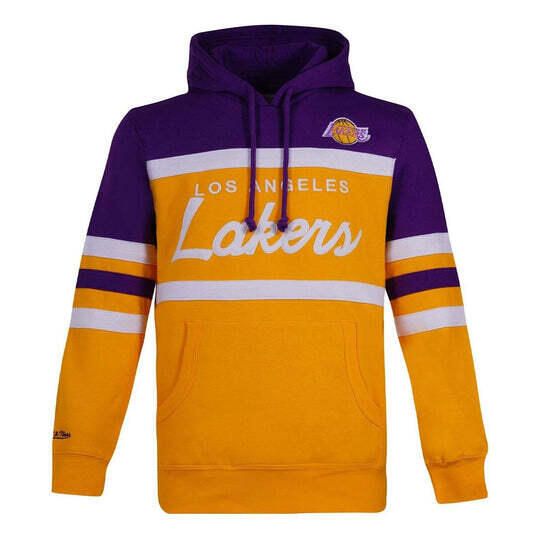 Bluza z kapturem Los Angeles Lakers NBA Head Coach. Fioletowe bluzy z kapturem Mitchell & Ness, bez wzorów, z kapturem. Za 447.50 zł.