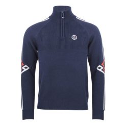Sweter z kołnierzem 1/2 zip Peak Mountain Ciao. Niebieskie golfy Peak Mountain, bez wzorów, bez ramiączek. W wyprzedaży za 286.50 zł.