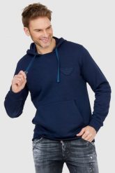 EMPORIO ARMANI Granatowa bluza męska z kapturem i logo. Niebieskie bluzy z kapturem Emporio Armani, l, bez wzorów, prążkowane, z kapturem. W wyprzedaży za 359.99 zł.
