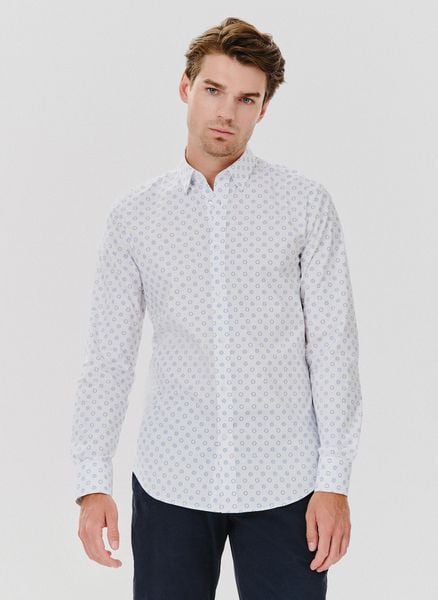 PAKO LORENTE – Biała koszula męska mikrowzór. Białe koszule Pako Lorente, l, bez wzorów, z bawełny, bez kołnierzyka, bez ramiączek. Za 79.99 zł.