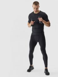 4F Legginsy treningowe ze średnim stanem męskie - czarne L. Czarne legginsy długie sportowe 4F, l, bez wzorów, z dzianiny, na fitness i siłownię. Za 119.99 zł.