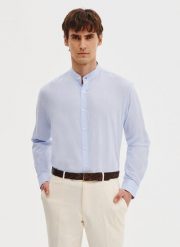 PAKO LORENTE - Niebieska koszula męska z lnu i bawełny. Niebieskie koszule Pako Lorente, na wiosnę, m, bez wzorów, z bawełny, bez kołnierzyka, bez ramiączek. Za 99.99 zł.