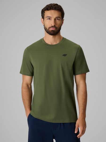 4F T-shirt regular gładki męski - oliwkowy M. Brązowe t-shirty 4F, m, bez wzorów, z bawełny, bez kołnierzyka, bez ramiączek. Za 49.99 zł.