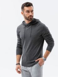Sweter męski z kapturem - szary melanż V1 - Rozmiar: L. Szare swetry nierozpinane Ombre Clothing, l, bez wzorów, z bawełny, bez kołnierzyka, bez ramiączek. W wyprzedaży za 39.99 zł.