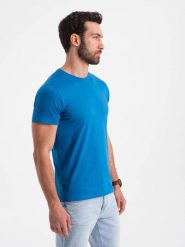 Męski klasyczny bawełniany T-shirt BASIC - niebieski V12 OM-TSBS-0146 - XXL. Niebieskie t-shirty Ombre Clothing, l, bez wzorów, z bawełny, bez kołnierzyka, bez ramiączek. W wyprzedaży za 24.99 zł.