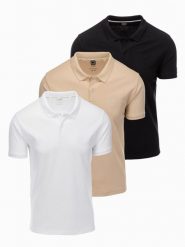 Komplet męskich bawełnianych t-shirtów polo BASIC – czarny/biały/beżowy V7 - Rozmiar: M. Białe koszulki polo sportowe Ombre Clothing, m, bez wzorów, z bawełny, bez kołnierzyka, bez ramiączek. W wyprzedaży za 162.49 zł.