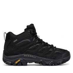 Trekkingi Merrell. Czarne botki sznurowane Merrell, bez wzorów, bez obcasa, bez zapięcia. Za 749.99 zł.