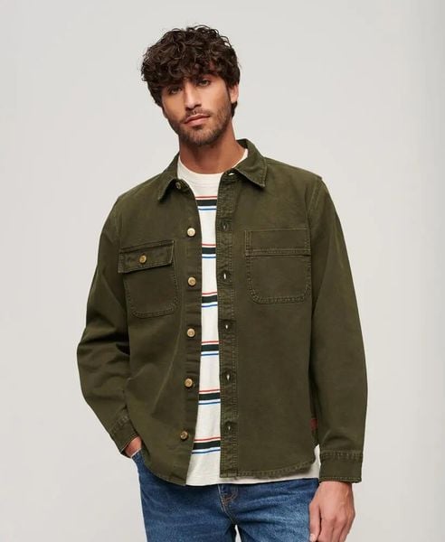 Superdry Surplus Canvas Overshirt — męska koszula z płótna, olive Khaki. Zielone koszule Superdry, m, bez wzorów, z bawełny, bez kołnierzyka, bez ramiączek. Za 429.75 zł.