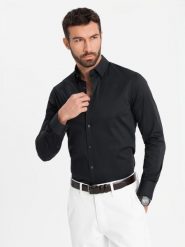 Klasyczna koszula męska SLIM FIT z satynowej tkaniny – czarna V4 - Rozmiar: S. Czarne koszule Ombre Clothing, l, bez wzorów, z bawełny, bez kołnierzyka, bez ramiączek. W wyprzedaży za 89.99 zł.
