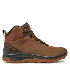 Trekkingi Salomon. Brązowe botki sznurowane Salomon, bez wzorów, bez obcasa, bez zapięcia. Za 419.99 zł.