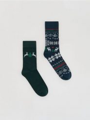 2 pack świątecznych skarpet - granatowy. Niebieskie skarpety Reserved, bez wzorów. Za 29.99 zł.