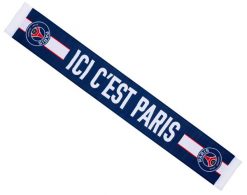 Paris Saint Germain szalik kibica scarf wielokolorowy. Niebieskie szaliki PSG, bez wzorów, z materiału. Za 99.90 zł.