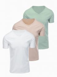 Zestaw bawełnianych koszulek męskich V-neck BASIC – szarozielony/biały/beżowy V14 - Rozmiar: S. Szare t-shirty Ombre Clothing, m, bez wzorów, z bawełny, bez kołnierzyka, bez ramiączek. Za 169.99 zł.