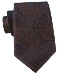 Krawat w Duży Brązowy Wzór Paisley na Granatowym Tle - Alties. Brązowe krawaty i muchy Alties, bez wzorów, z tkaniny. Za 55.00 zł.