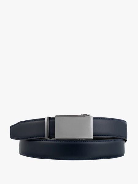 Granatowy pasek ze skóry licowej. Niebieskie paski Ryłko, bez wzorów, ze skóry, eleganckie. Za 129.99 zł.