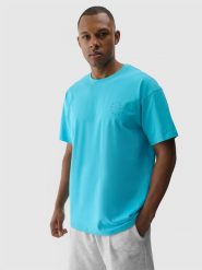 4F T-shirt oversize z nadrukiem męski - turkusowy XL. Niebieskie t-shirty 4F, m, bez wzorów, z bawełny, bez kołnierzyka, bez ramiączek. W wyprzedaży za 39.99 zł.