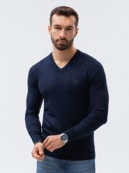 Sweter męski z haftem - granatowy V22 E191 - XXL. Niebieskie swetry nierozpinane Ombre Clothing, m, bez wzorów, z wiskozy, bez kołnierzyka, bez ramiączek. W wyprzedaży za 39.99 zł.