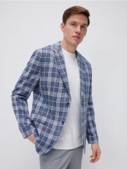 Marynarka slim fit w kratę - granatowy. Niebieskie garnitury Reserved, l, bez wzorów, z tkaniny. W wyprzedaży za 199.99 zł.
