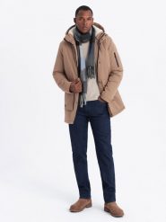Męska długa kurtka parka z kożuszkiem – beżowa V1 OM-JALJ-0181 - XXL. Brązowe kurtki Ombre Clothing, l, z aplikacjami, z gumy, z kapturem. W wyprzedaży za 269.99 zł.