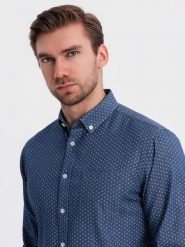 Wzorzysta męska koszula z cienkiego jeansu z kieszonką – niebieska V2 OM-SHDS-0179 - XXL. Niebieskie koszule Ombre Clothing, l, bez wzorów, z bawełny, bez kołnierzyka, bez ramiączek. W wyprzedaży za 129.99 zł.