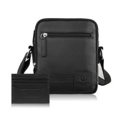 Saszetka męska na ramię AY-27 i etui na karty AY-16 zestaw upominkowy Paolo Peruzzi ZUP-155-BL. Czarne torby na ramię bez wzorów, ze skóry, na ramię, małe, bez dodatków. Za 189.00 zł.