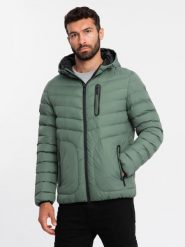 Sportowa pikowana męska kurtka z kontrastowym zamkiem – khaki V6 OM-JALP-0179 - L. Brązowe kurtki przejściowe Ombre Clothing, l, z aplikacjami, z gumy. W wyprzedaży za 109.99 zł.