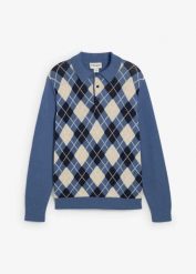 Sweter polo ze wzorem w romby z czystej bawełny. Niebieskie swetry nierozpinane bonprix, m, bez wzorów, z bawełny, bez kołnierzyka, bez ramiączek. Za 129.99 zł.