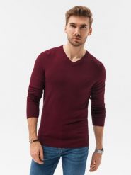Sweter męski z haftem - bordowy V13. Czerwone swetry nierozpinane Ombre Clothing, m, bez wzorów, z wiskozy, bez kołnierzyka, bez ramiączek. W wyprzedaży za 39.99 zł.