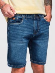 Męskie denimowe szorty o klasycznym kroju – ciemnoniebieskie V3 - Rozmiar: S. Niebieskie szorty Ombre Clothing, m, z aplikacjami, z bawełny, klasyczne. W wyprzedaży za 139.99 zł.