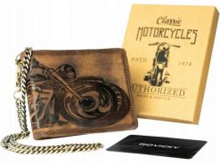 Portfel skórzany z łańcuchem tłoczony [DH] N992C-VIN-M brązowy. Brązowe portfele Inny, bez wzorów, z nubiku. Za 75.99 zł.