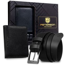 Zestaw prezentowy: skórzany, pionowy portfel męski w czarnym kolorze bez zapięcia i czarny pasek ze skóry ekologicznej - Peterson. Czarne portfele Peterson, bez wzorów, ze skóry ekologicznej. Za 109.00 zł.