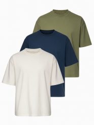 Zestaw bawełnianych koszulek męskich loose fit z okrągłym dekoltem - biała/pastelowa zielona/granatowa V4 - Rozmiar: S. Niebieskie t-shirty Ombre Clothing, m, bez wzorów, z bawełny, bez kołnierzyka, bez ramiączek. Za 209.99 zł.
