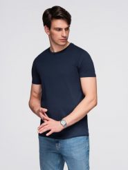 Klasyczny T-shirt męski bawełniany BASIC - granatowy V2 - Rozmiar: XL. Niebieskie t-shirty Ombre Clothing, m, bez wzorów, z bawełny, bez kołnierzyka, bez ramiączek. W wyprzedaży za 29.99 zł.