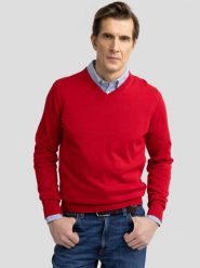 Sweter męski bawełniany z dekoltem v-neck czerwony Vassic 603. Czerwone swetry nierozpinane BIG STAR, l, bez wzorów, z bawełny, bez kołnierzyka, bez ramiączek. W wyprzedaży za 119.99 zł.