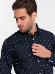 Klasyczna męska bawełniana koszula SLIM FIT w kotwice - granatowa V2 OM-SHCS-0156 - M. Niebieskie koszule Ombre Clothing, l, bez wzorów, z bawełny, bez kołnierzyka, bez ramiączek. W wyprzedaży za 69.99 zł.