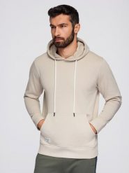 Męska bluza dresowa kangurka z kapturem - jasnobeżowa V1 - Rozmiar: XL. Brązowe bluzy Ombre Clothing, m, bez wzorów, z bawełny, z kapturem. W wyprzedaży za 116.99 zł.