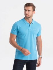 Koszulka polo z dzianiny pique - niebieska V3 S1746 - M. Niebieskie koszulki polo sportowe Ombre Clothing, m, bez wzorów, z bawełny, bez kołnierzyka, bez ramiączek. W wyprzedaży za 39.99 zł.