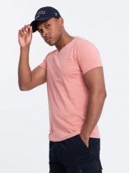 Klasyczna męska bawełniana koszulka z dekoltem w serek BASIC – różowa V7 OM-TSBS-0145 - XL. Czerwone t-shirty Ombre Clothing, l, bez wzorów, z bawełny, bez kołnierzyka, bez ramiączek. W wyprzedaży za 24.99 zł.