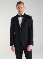 PAKO LORENTE – Wełniana czarna marynarka smokingowa w mikrowzór. Czarne garnitury Pako Lorente, na ślub cywilny, bez wzorów, z wełny. Za 999.99 zł.