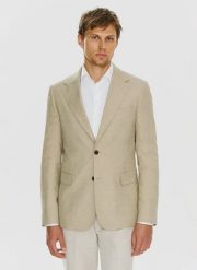 PAKO LORENTE – Beżowa marynarka z lnem. Brązowe garnitury Pako Lorente, na co dzień, m, bez wzorów, z jeansu. Za 299.99 zł.