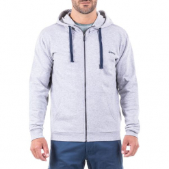 Bluza w kolorze jasnoszarym. Szare bluzy z kapturem marki Jeep, z nadrukiem, prążkowane. W wyprzedaży za 124.95 zł.