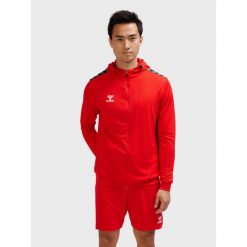 Poliestrowa bluza dresowa z kapturem i zamkiem błyskawicznym Hummel Authentic. Czerwone bluzy z kapturem Hummel, bez wzorów, z dresówki, z kapturem. Za 254.50 zł.