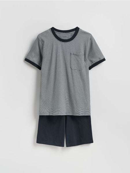 Dwuczęściowa piżama w paski - granatowy. Niebieskie piżamy Reserved, l, bez wzorów, z bawełny, bez ramiączek. Za 89.99 zł.