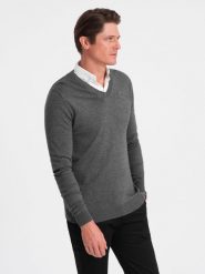 Sweter męski z dekoltem "w serek" z koszulowym kołnierzykiem - grafitowy V3 OM-SWSW-0102 - XXL. Szare swetry nierozpinane Ombre Clothing, l, bez wzorów, z bawełny, bez kołnierzyka, bez ramiączek. W wyprzedaży za 69.99 zł.