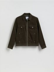 Sztruksowa kurtka z kołnierzem - ciemnozielony. Zielone kurtki Reserved, l, bez wzorów, z bawełny, bez kaptura. Za 179.99 zł.