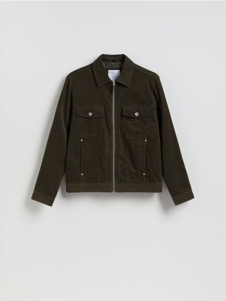 Sztruksowa kurtka z kołnierzem - ciemnozielony. Zielone kurtki Reserved, l, bez wzorów, z bawełny, bez kaptura. Za 179.99 zł.