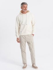 Męska bluza dresowa kangurka z kapturem - kremowa V11 OM-SSBN-0177 - XXL. Białe bluzy Ombre Clothing, l, z aplikacjami, z bawełny, z kapturem. Za 77.99 zł.